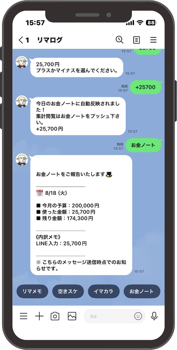 お金ノートの報告。今月の予算200,000円、使った金額25,700円、残り174,300円と内訳メモがLINEに表示されている画面